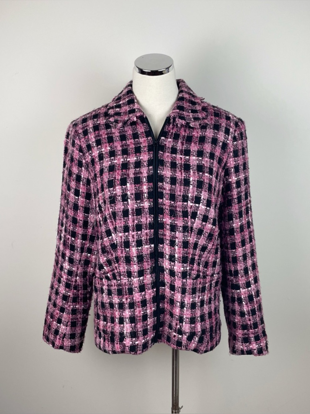 Requirements Black Pink Tweed Plaid Collared Full Zip Wool Blend Blazer Jacket